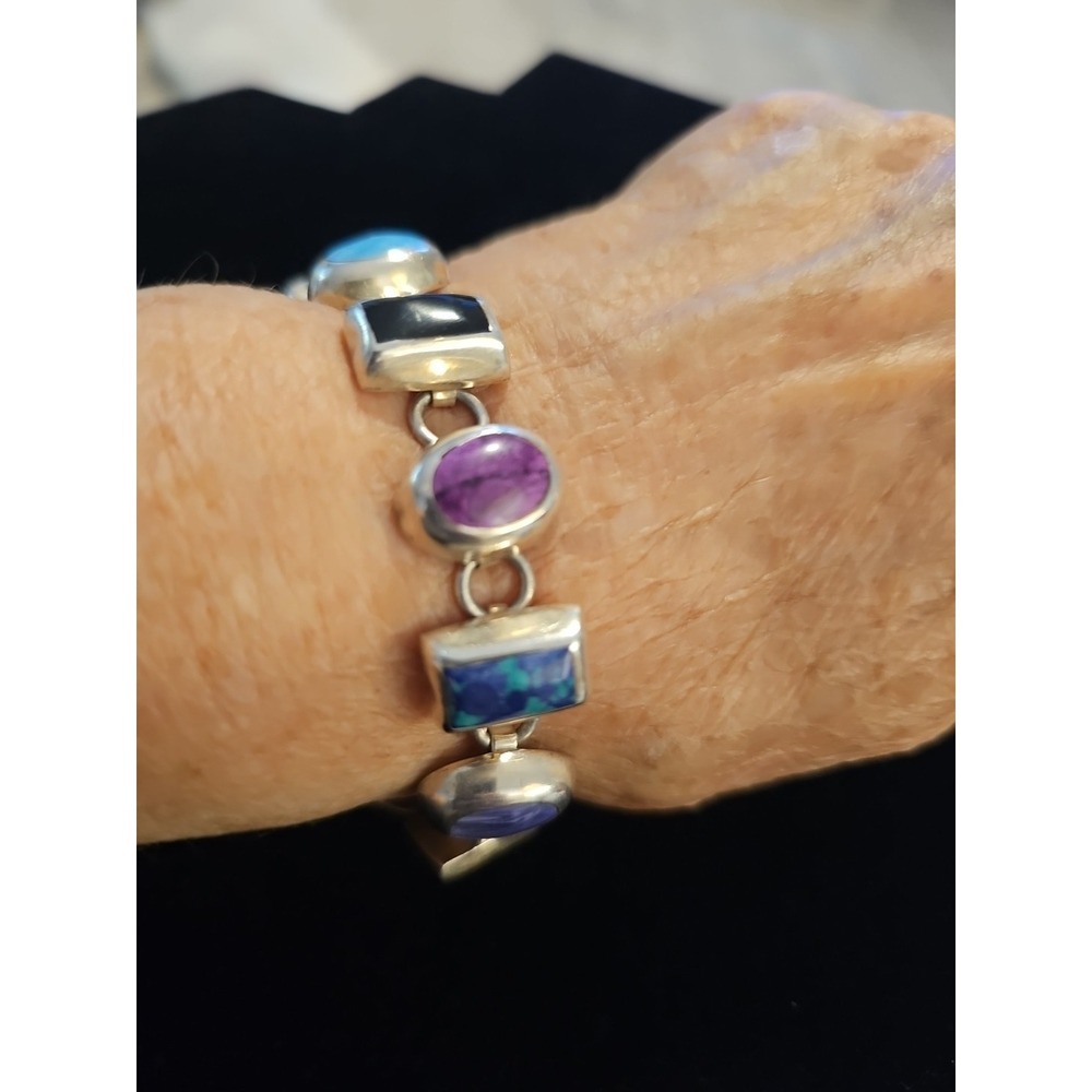 Sterling Mexico Bracelet With Colored Stones. Heavy